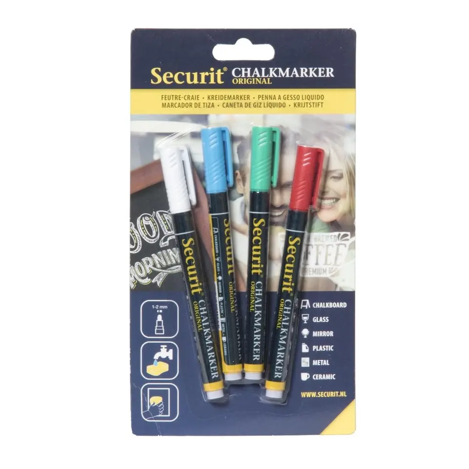 SECURIT VLOEIBARE KRIJTSTIFT 1-2MM S/4 BL/RO/GR/WIT