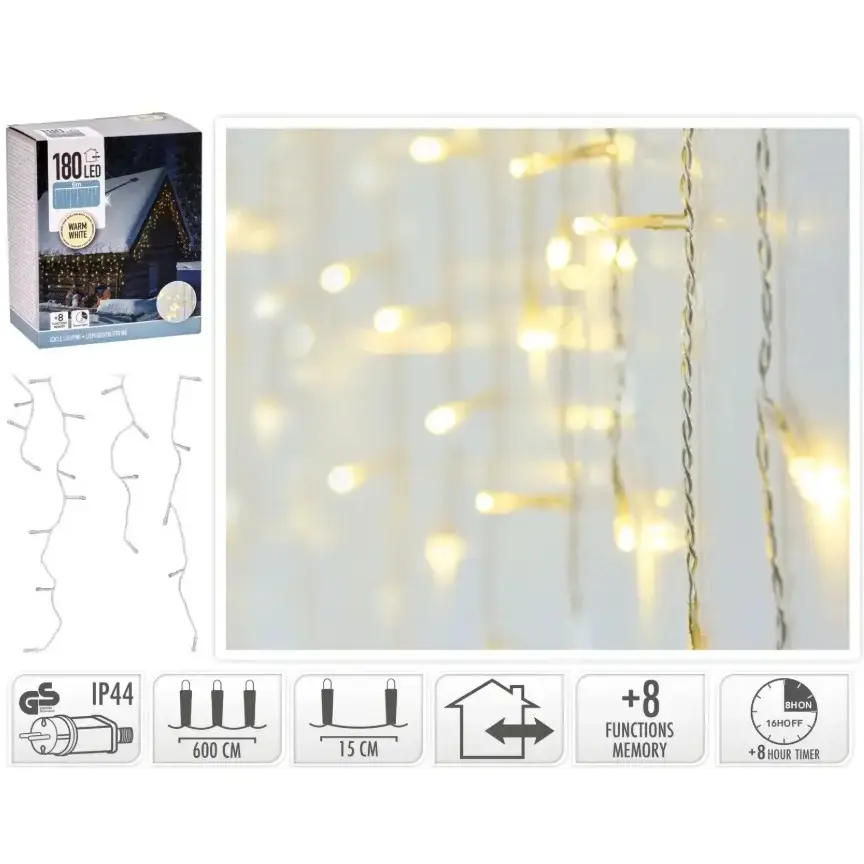 KVL BUI IJSLICHT SN:TRANSP. 6M 180LED 8F TIMER