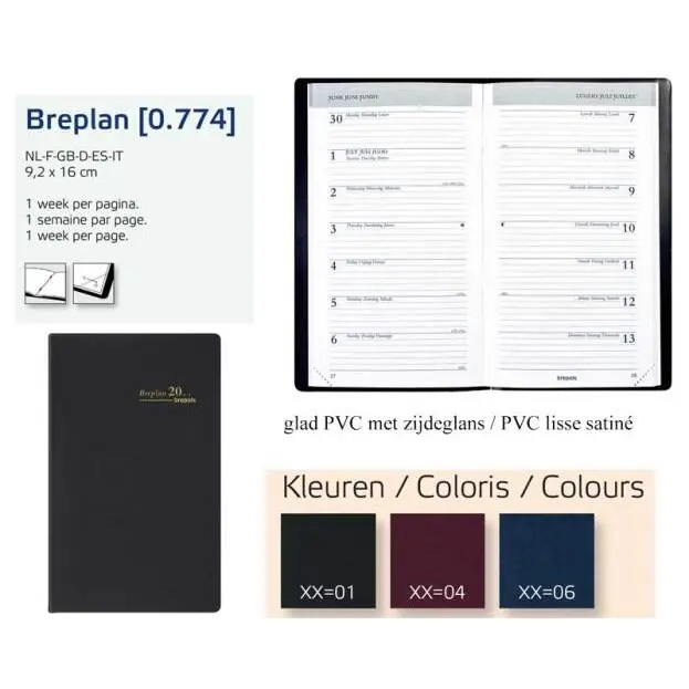 AGENDA BREPLAN 16X9CM 1W/1BL PVC KLEUR ASS3