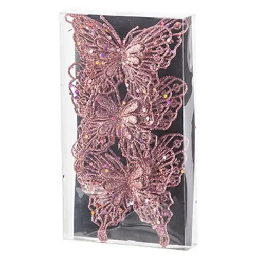 KERST KNIJPER KUNSTSTOF VLINDER 11X12CM GLITTER ROZE