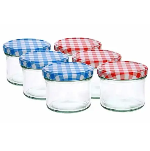 CO&TR CONFITUURPOT S/6 DEKSEL BLAUW/ROOD GERUIT