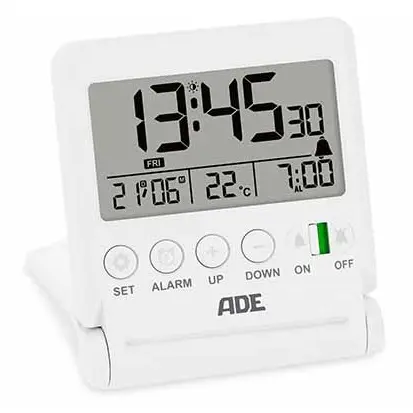 [881603] ADE ALARMKLOK REISFORMAAT RADIOGESTUURD M/SPIEGEL & LICHT WIT (IN.2AAA)